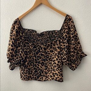 Michele Brown and Black Smocked Crop Blouse cheetah animal print
